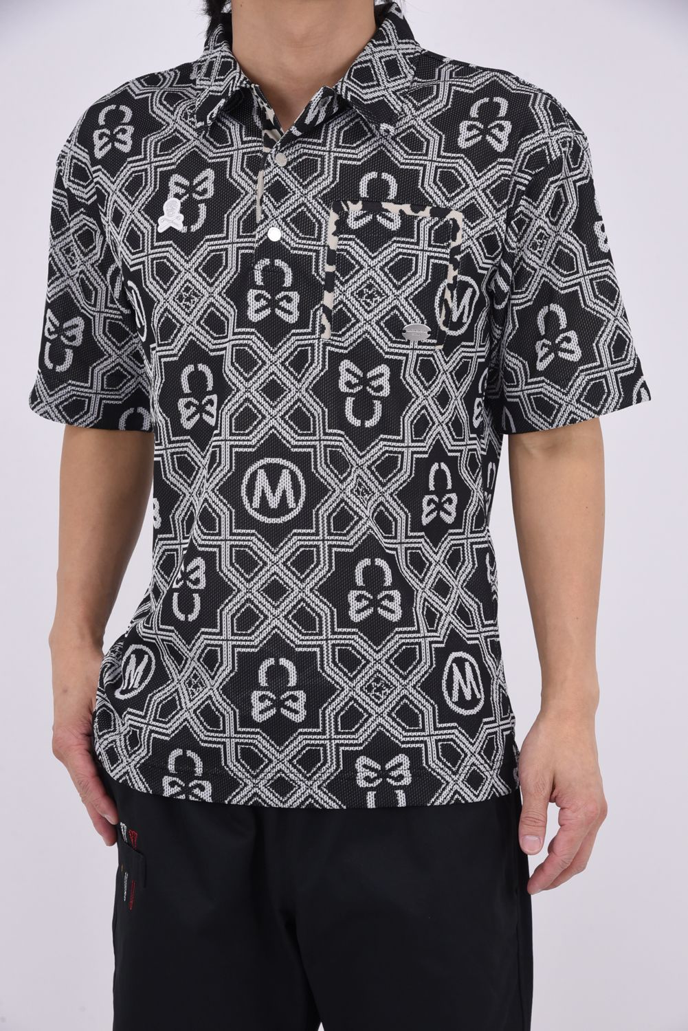 【26SS】 DOMINANT MESH SHIRT / ジオメトリックパターン総柄 ジャパンメイド メッシュポロシャツ (ブラック)