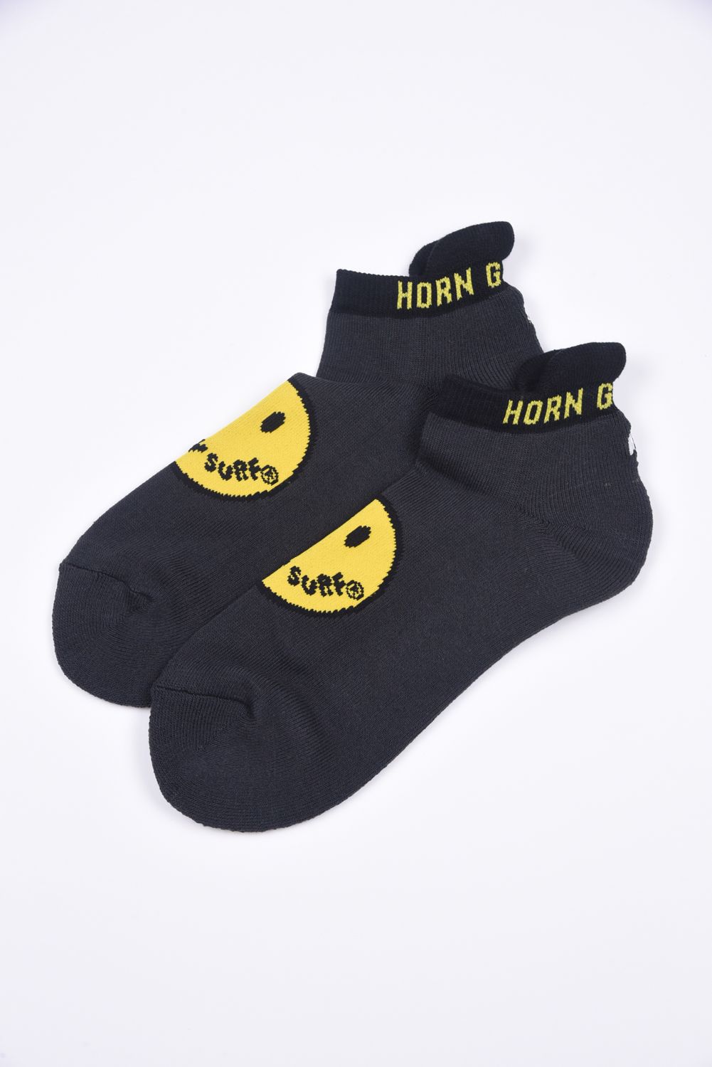 HAPPY SURF CUSHION SOCKS / HAPPY SURFロゴ アングルソックス ブラック