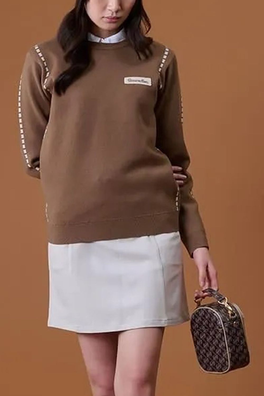 【26AW】【レディース】 STITCHING LINE KNIT / ステッチングライン クルーネックニット (ブラウン)*
