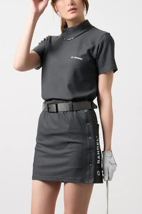 【26SS】 【レディース】 DRY WAFFLE STRETCH MOCK NECK / ドライワッフル ブランドロゴ モックネックTシャツ (チャコールグレー)