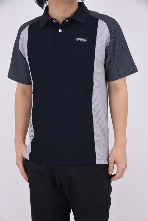3D-FACE PANEL POLO / メッシュ素材 立体デザインカラー ポロシャツ (ネイビー)