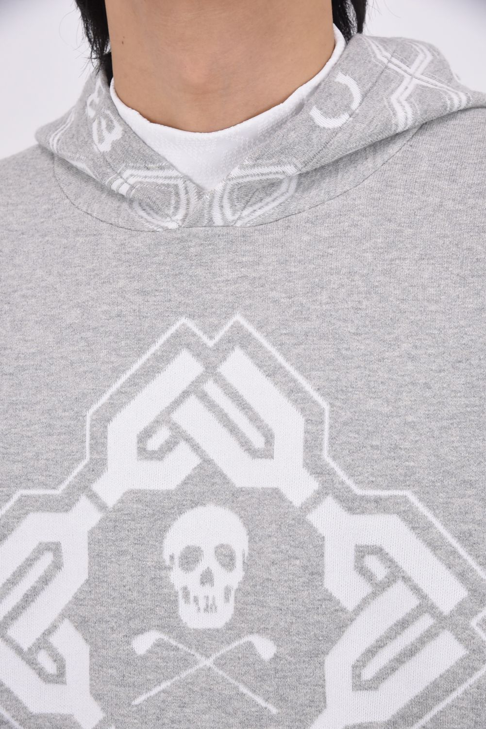 【2026SS 木村拓哉さん着用 VOL.1】 STELA CO CASH BLENDED HOODIE / ジオメトリックパターンジャカード プルオーバーニットパーカー (グレー)