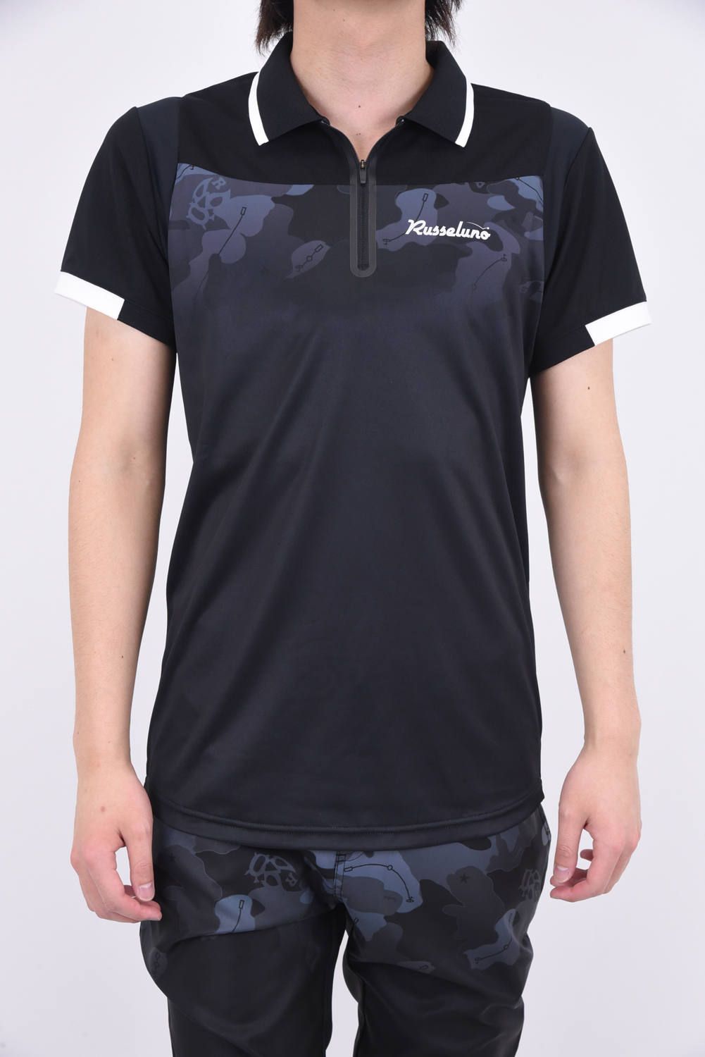 GRADATION CAMO POLO / ソリッドカラー / カモフラパターン グラデーションミックス ポロシャツ ブラック