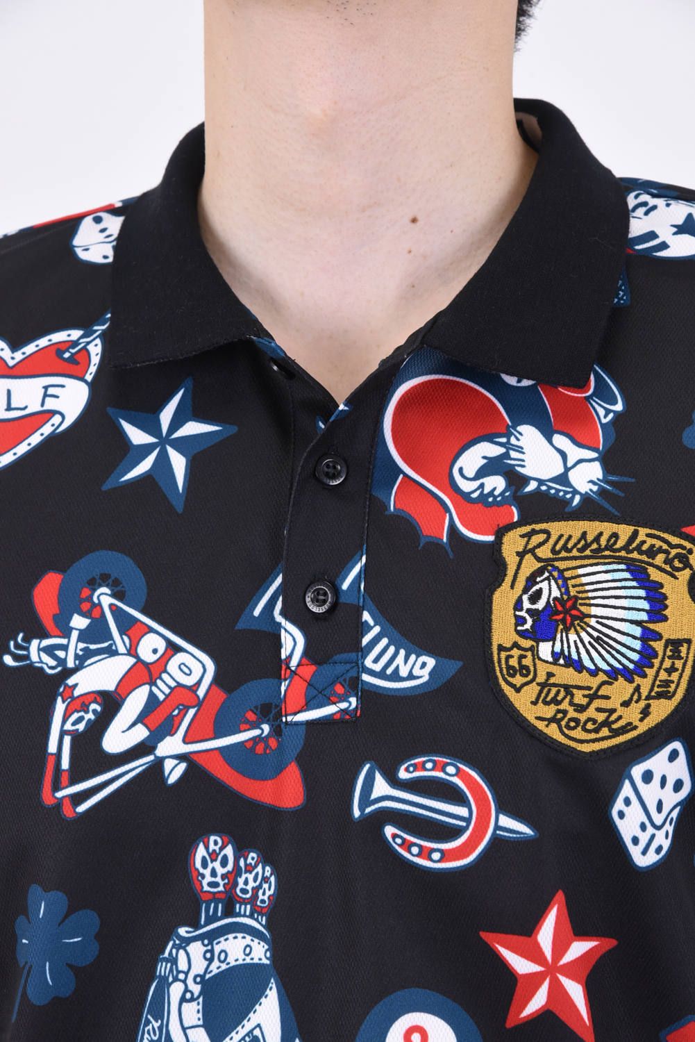 FLASH PATTERN POLO / タトゥーフラッシュ サイドメッシュ ポロシャツ ブラック
