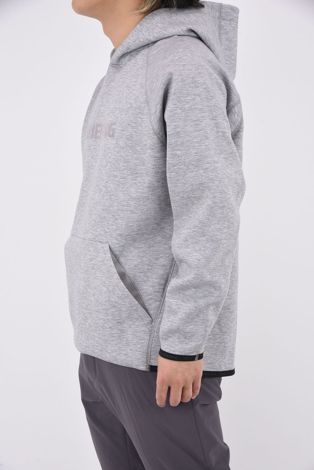MEN’S LOGO HOODIE / フロッキープリント ダンボールニット プルオーバー フーディー (グレー)