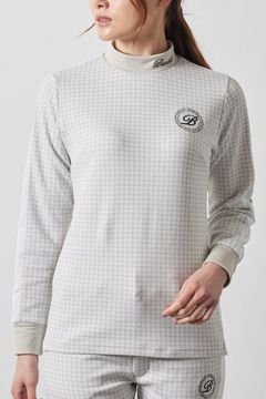 【レディース】 HOUNDSTOOTH BICOLOR L/S MOC SHIRTS / 千鳥格子柄 バイカラー ロングスリーブ モックネックシャツ (グレージュ)