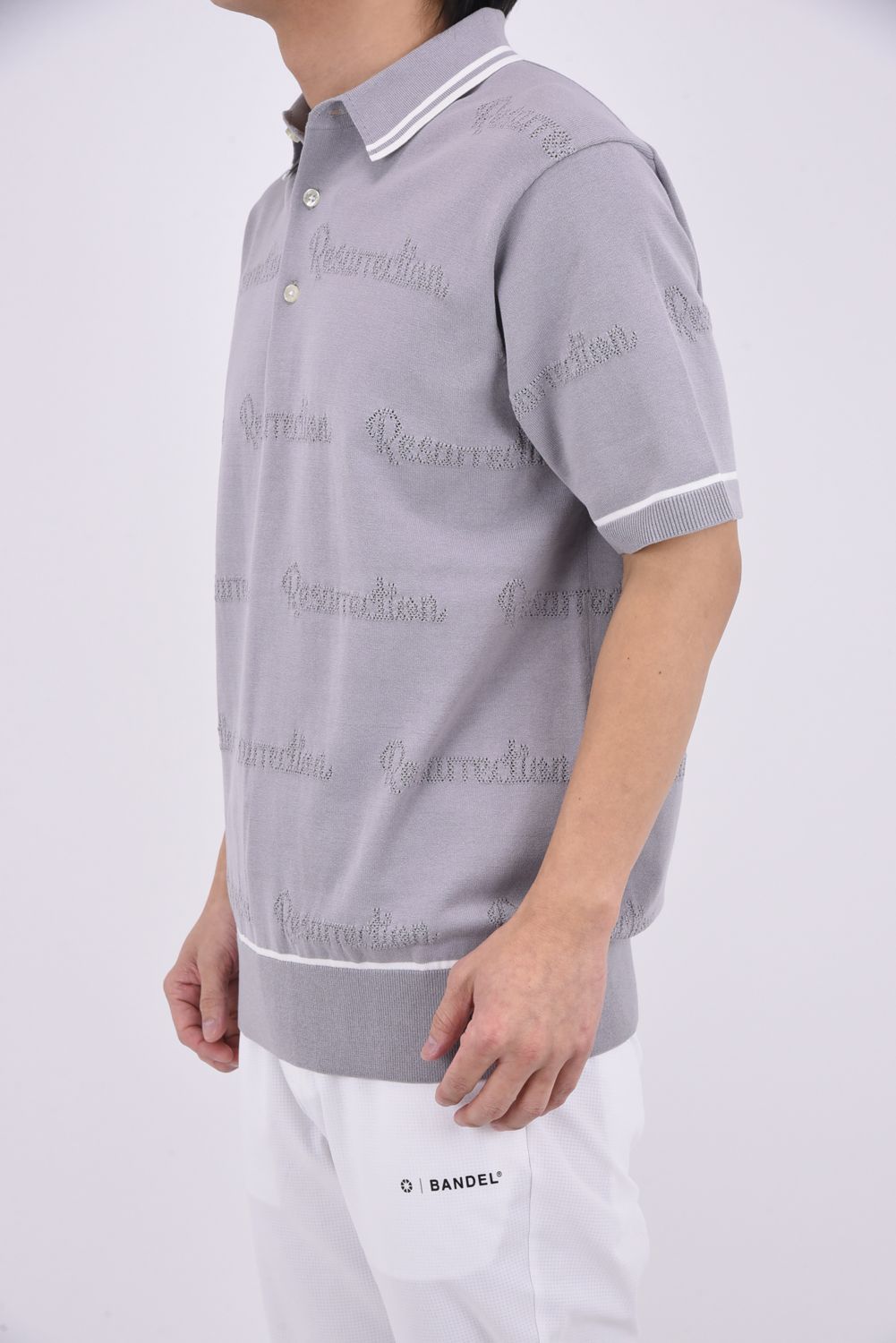 【26SS】 MESH LOGO KNIT POLO / メッシュ編み ライン ニットポロシャツ (グレー)*