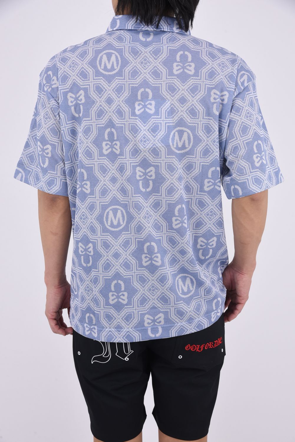 【26SS】 DOMINANT MESH SHIRT / ジオメトリックパターン総柄 ジャパンメイド メッシュポロシャツ (サックス)