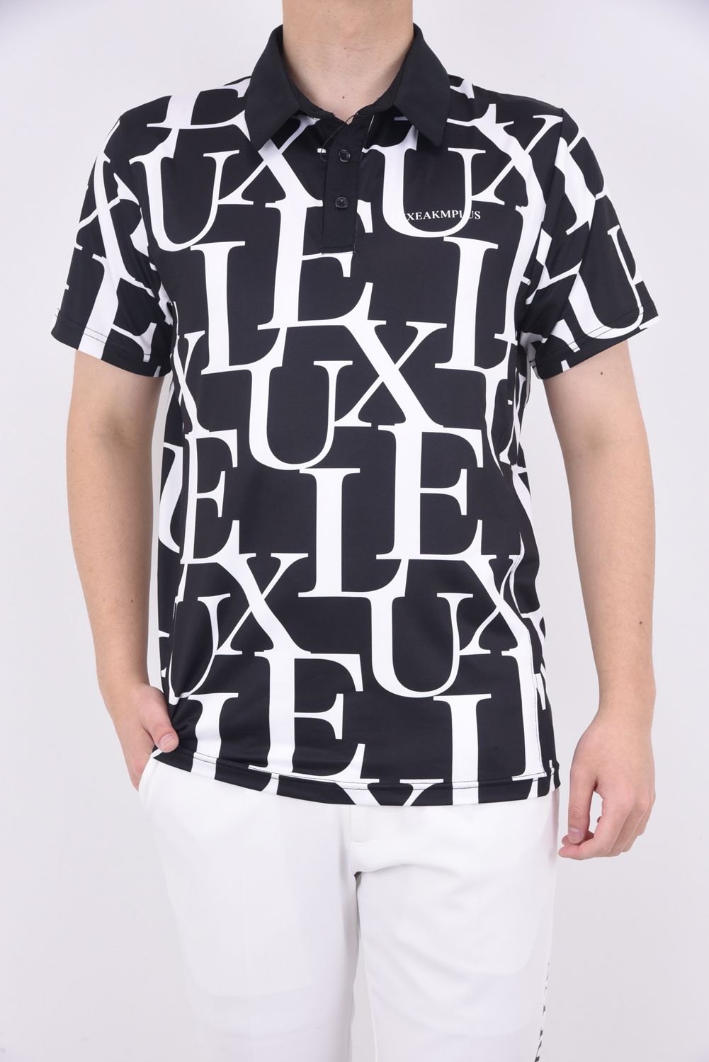 LUXE PATTERN POLO SHIRTS / 総柄ロゴ 半袖ポロシャツ (ブラック)