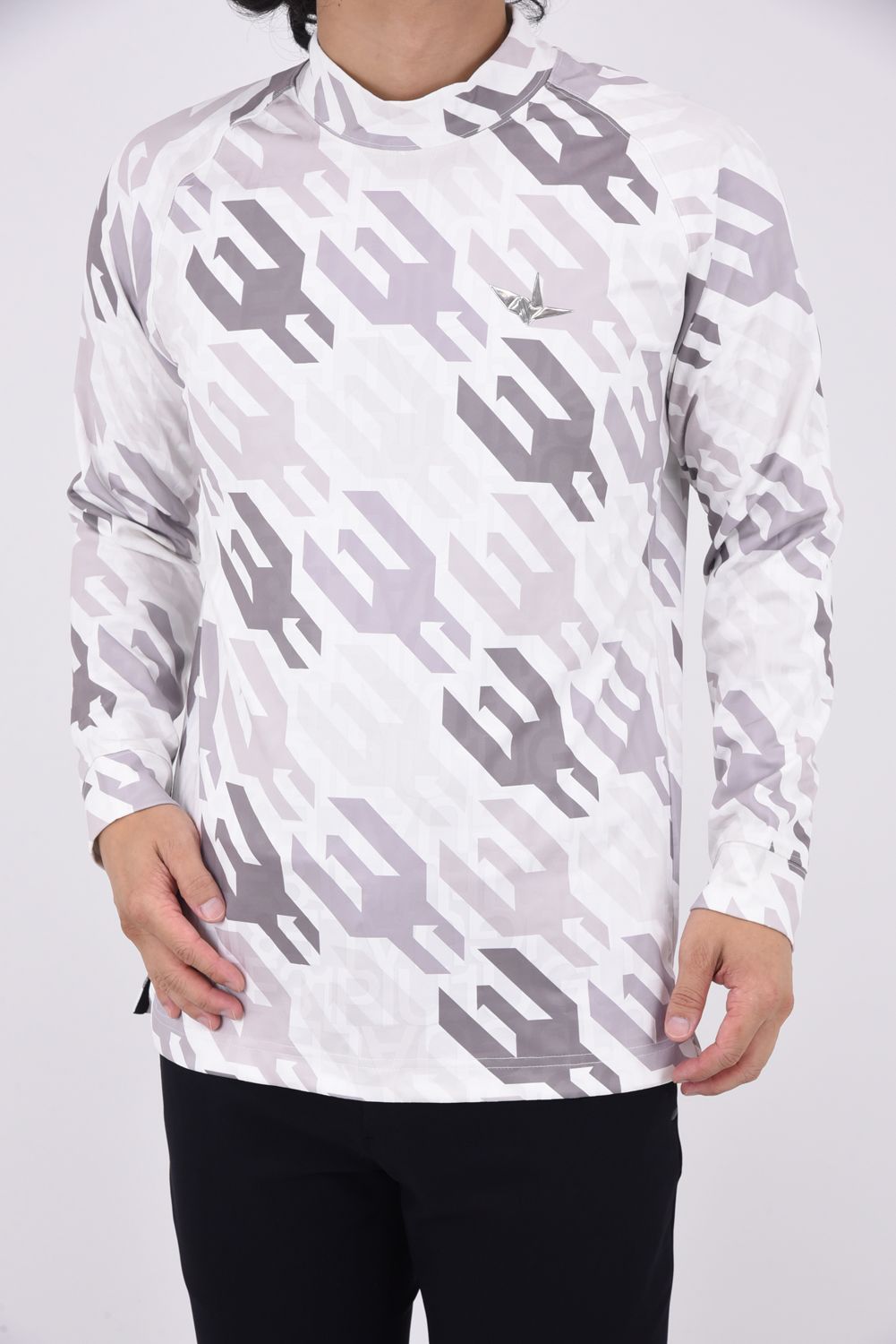 MOCK HOUNDSTOOTH / 千鳥格子柄 ロングスリーブ モックネックTシャツ (ホワイト)