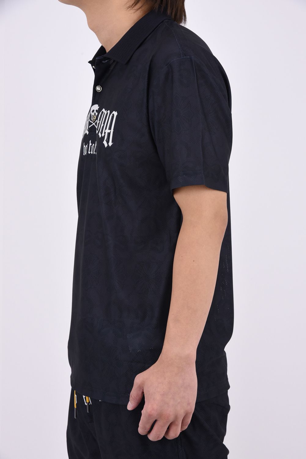 【26AW】 FRACTUR JACQUARD CINCH POLO / メッシュジャカード生地 エレメントスカル総柄 ポロシャツ (ブラック)