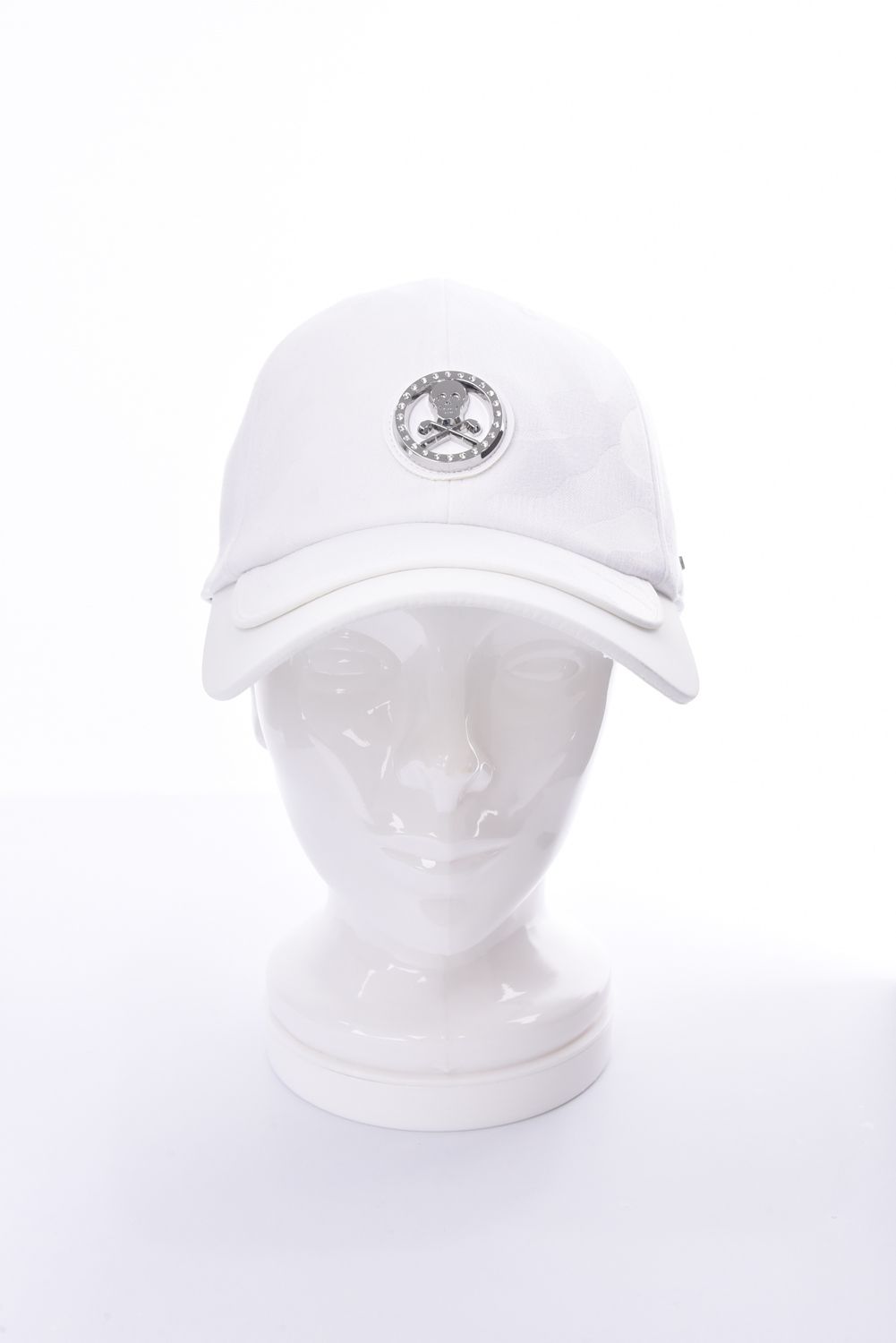 【26SS】 GAUGE CAMO LEATHER TRIM CAP / カモフラージュパターン 異素材切り替え メタルプレート ベースボールキャップ (ホワイト)