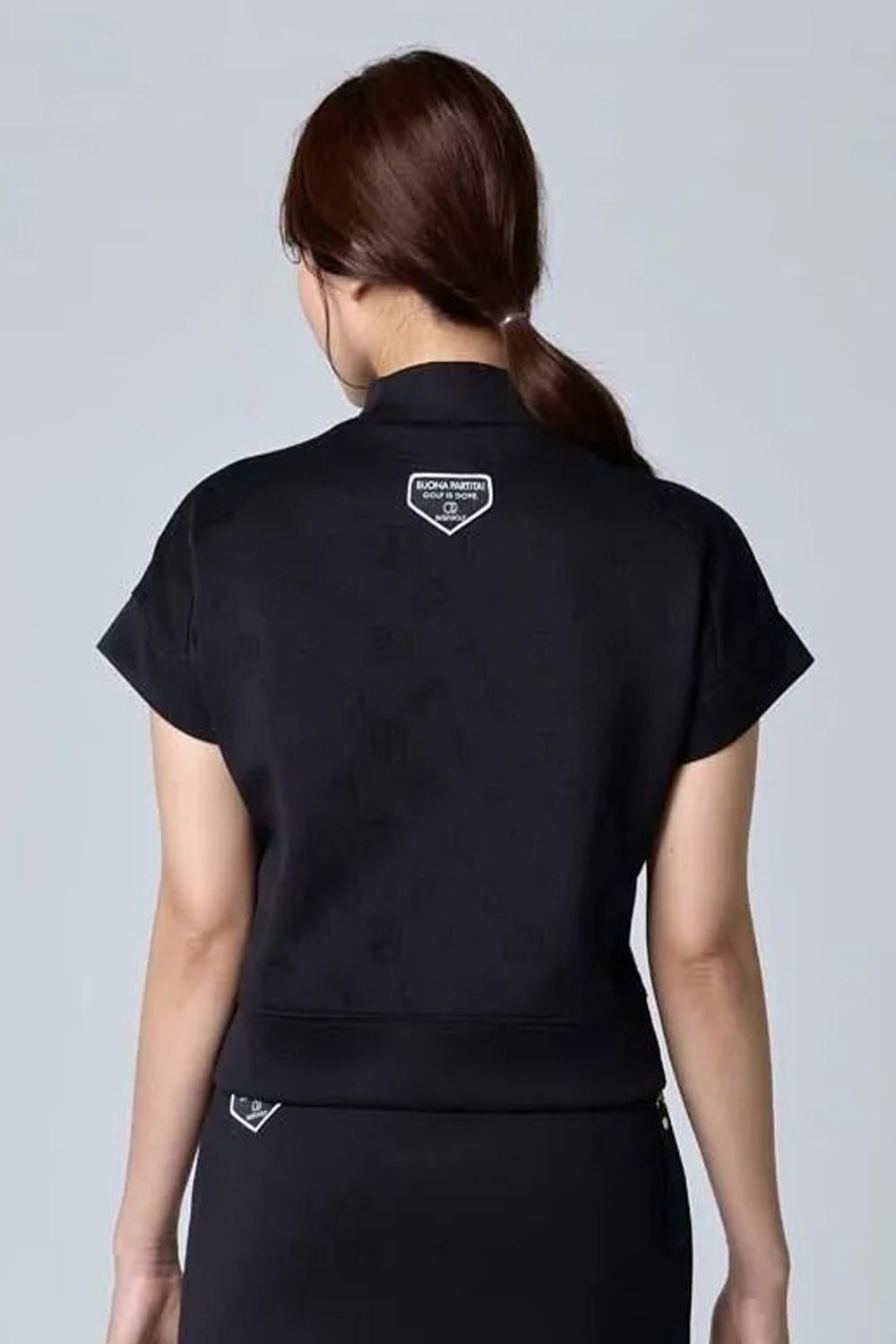 【26AW】【レディース】 DOUBLE MESH KNIT / メッシュジャカード ダンボールニット ロゴプリント モックネックTシャツ (ブラック)*
