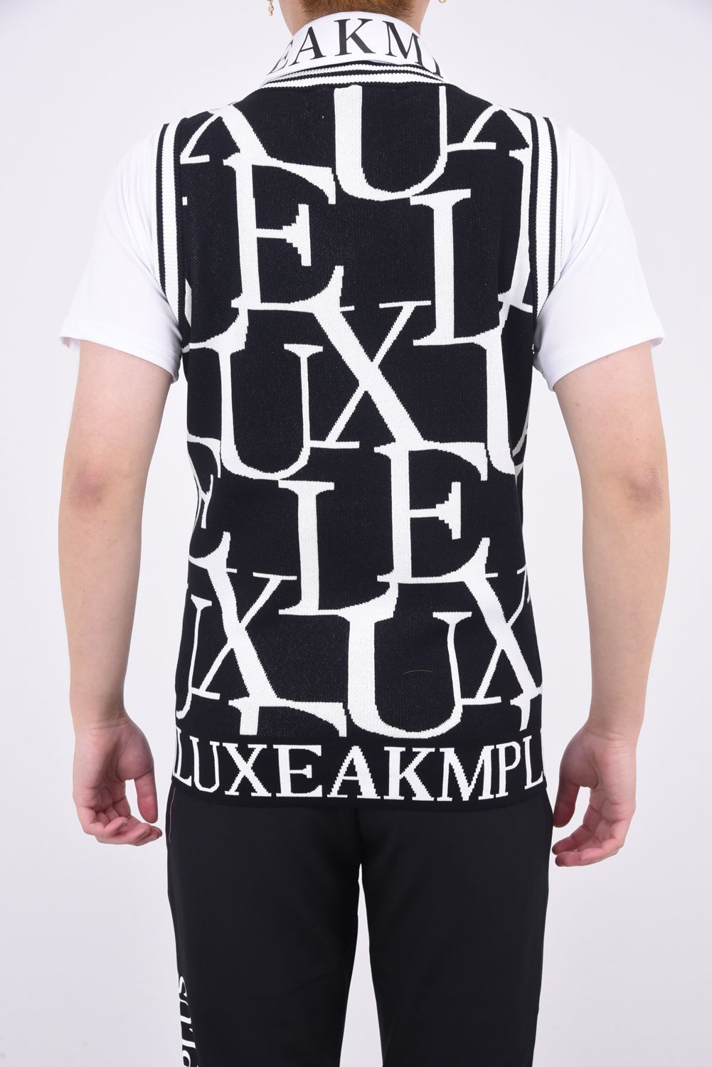 LUXE PATTERN NO SLEEVE KNIT /  総柄ロゴ Vネック ニットベスト (ブラック)