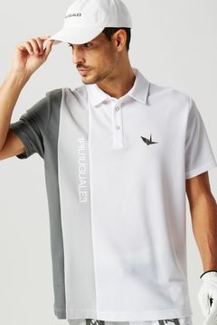 【MID SUMMER COLLECTION】 SS POLO STRIPE SWITCH / ブランドロゴ ストライプ メッシュ 半袖 ポロシャツ (ホワイト)