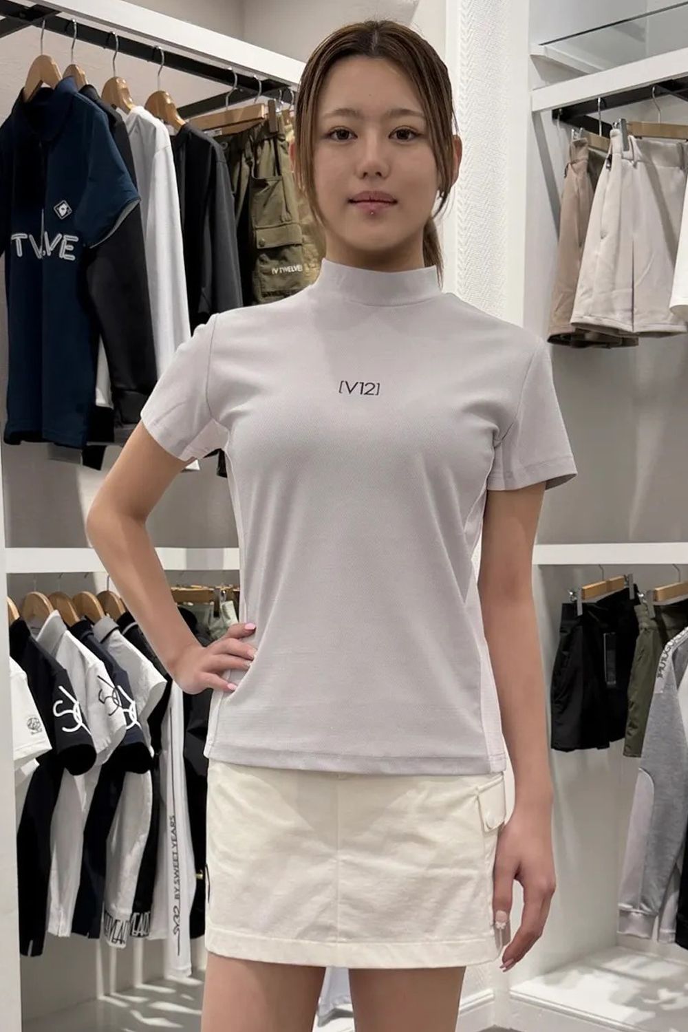 【26SS】 【レディース】 EXP MOCK / メッセージプリント バイカラー モックネックTシャツ (グレー)
