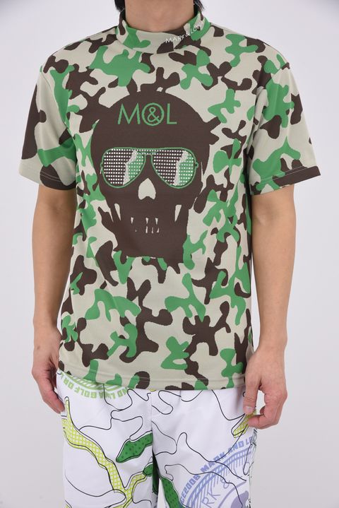 【26SS】 WHAM! SPECTRUM PERFORMANCE MOCK / ジャパンメイド カモフラスカルジャカード スワロフスキー モックネックTシャツ (グリーン)