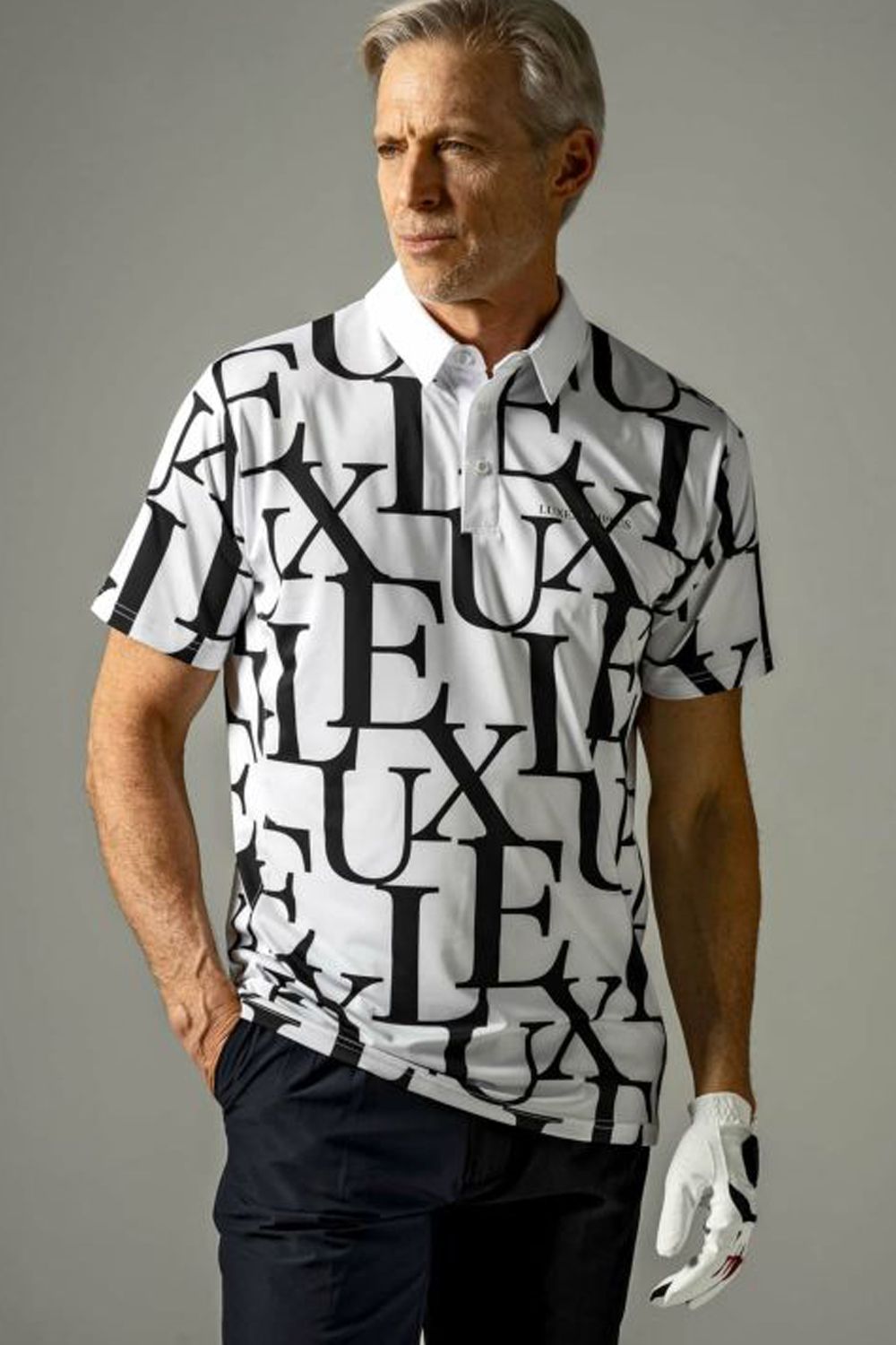 LUXE PATTERN POLO SHIRTS / 総柄ロゴ 半袖ポロシャツ ホワイト