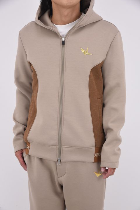 【2025AW】 RIB LOGO PARKER / バイカラー ジップアップ パーカー (ベージュ)