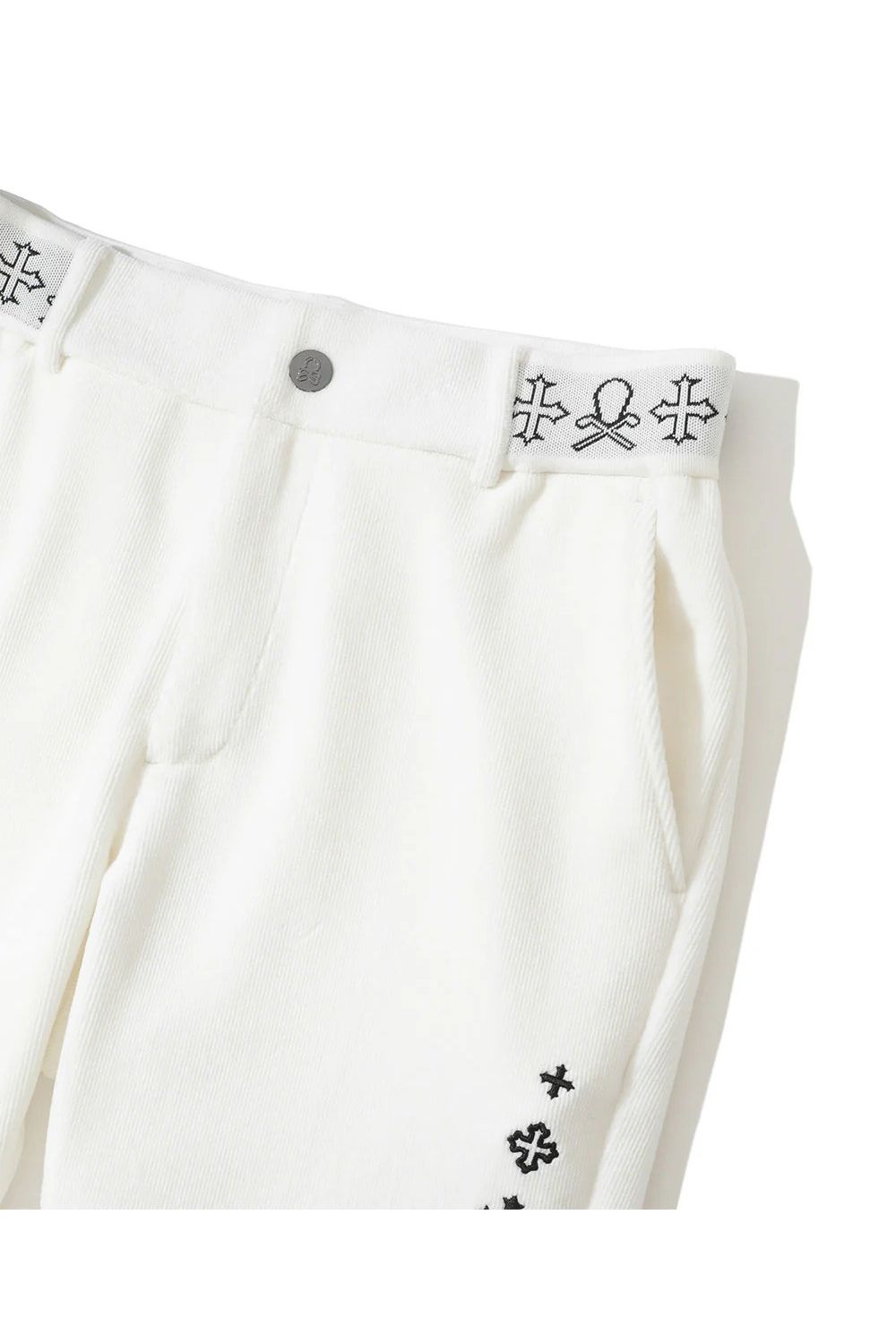 【2025AW】 SVASTIKA TRACK PANTS / コーデュロイジャージー クロスモチーフ刺繍 トラックパンツ (オフホワイト)