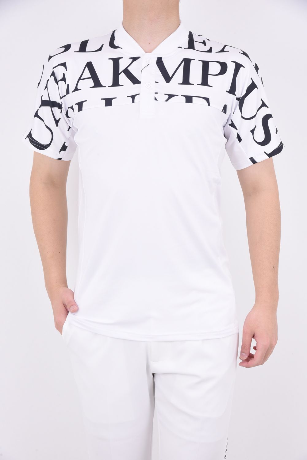 HORIZONTAL PATTERN SHORT COLLAR POLO SHIRTS / ノーカラー 半袖ポロシャツ ホワイト