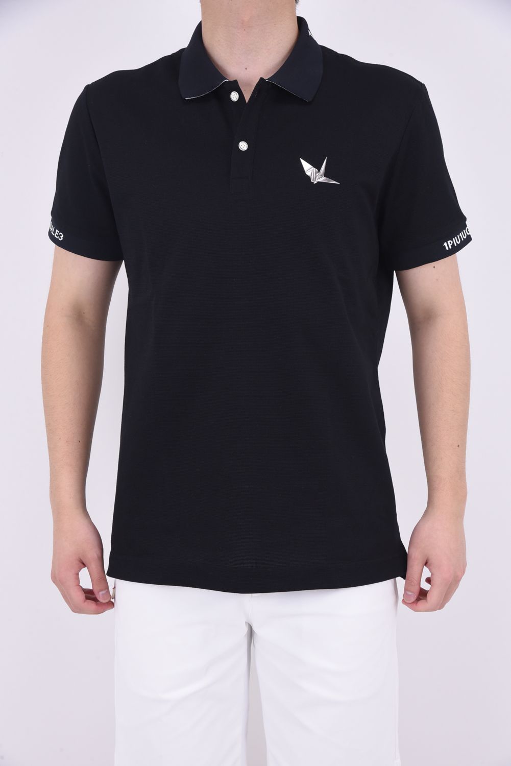 1PIU1UGUALE3 GOLF - COLLAR RIB LOGO S/S POLO / アイコンロゴ 襟袖リブ 鹿の子ポロシャツ (ブラック)  | GOSSIP GOLF