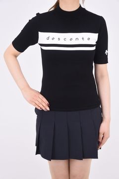 【レディース】 モックネックニット半袖シャツ(ブラック)