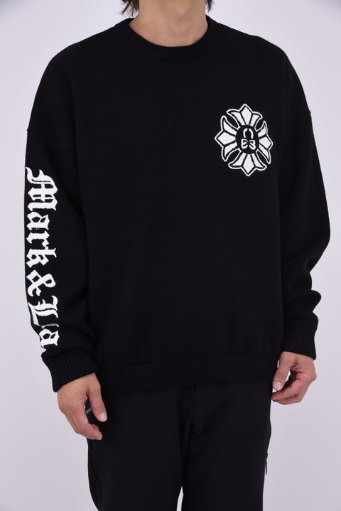 【26AW】 OBLIVION KNIT PULLOVER / CREST SKULLモチーフ サイドロゴ クルーネックニット (ブラック)