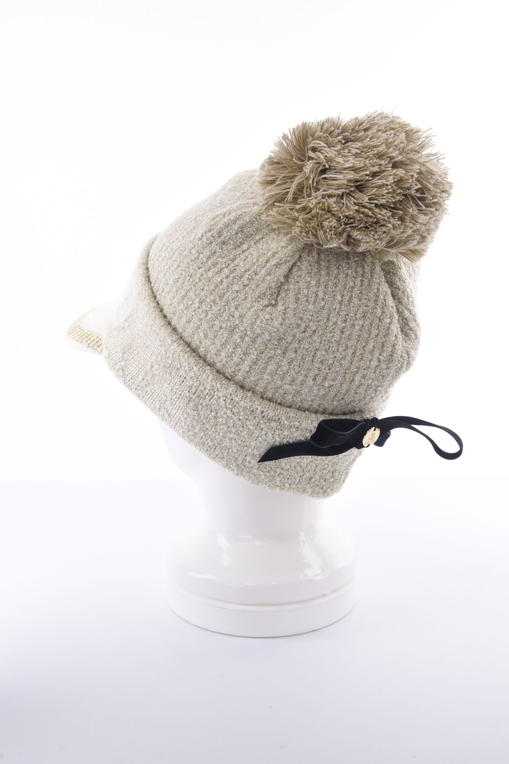 【レディース】 SCOPE POM VISOR BEANIE / ラメ糸 ブランドロゴジャカード 梵天付きニットキャップ (ベージュ)
