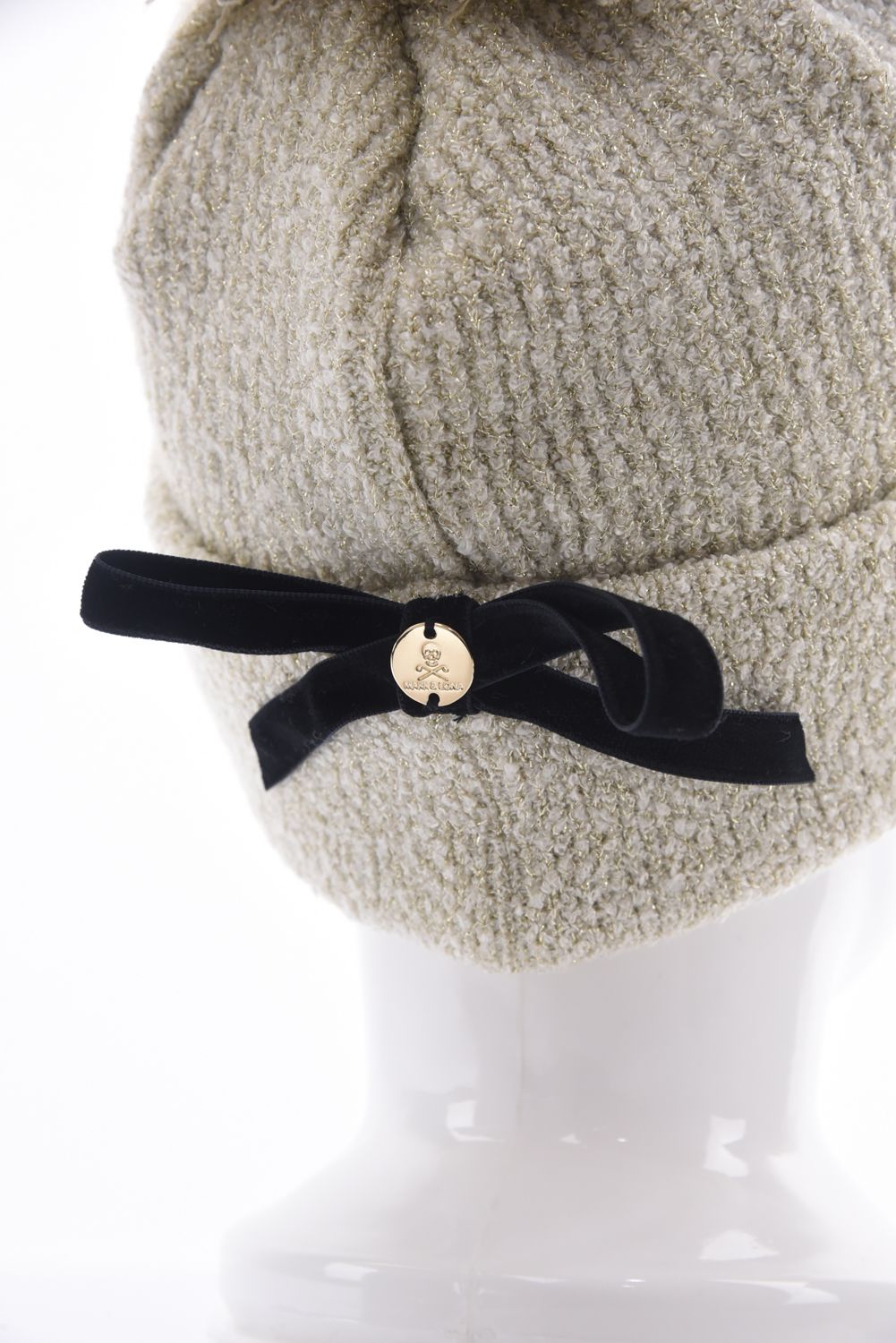 【レディース】 SCOPE POM VISOR BEANIE / ラメ糸 ブランドロゴジャカード 梵天付きニットキャップ (ベージュ)