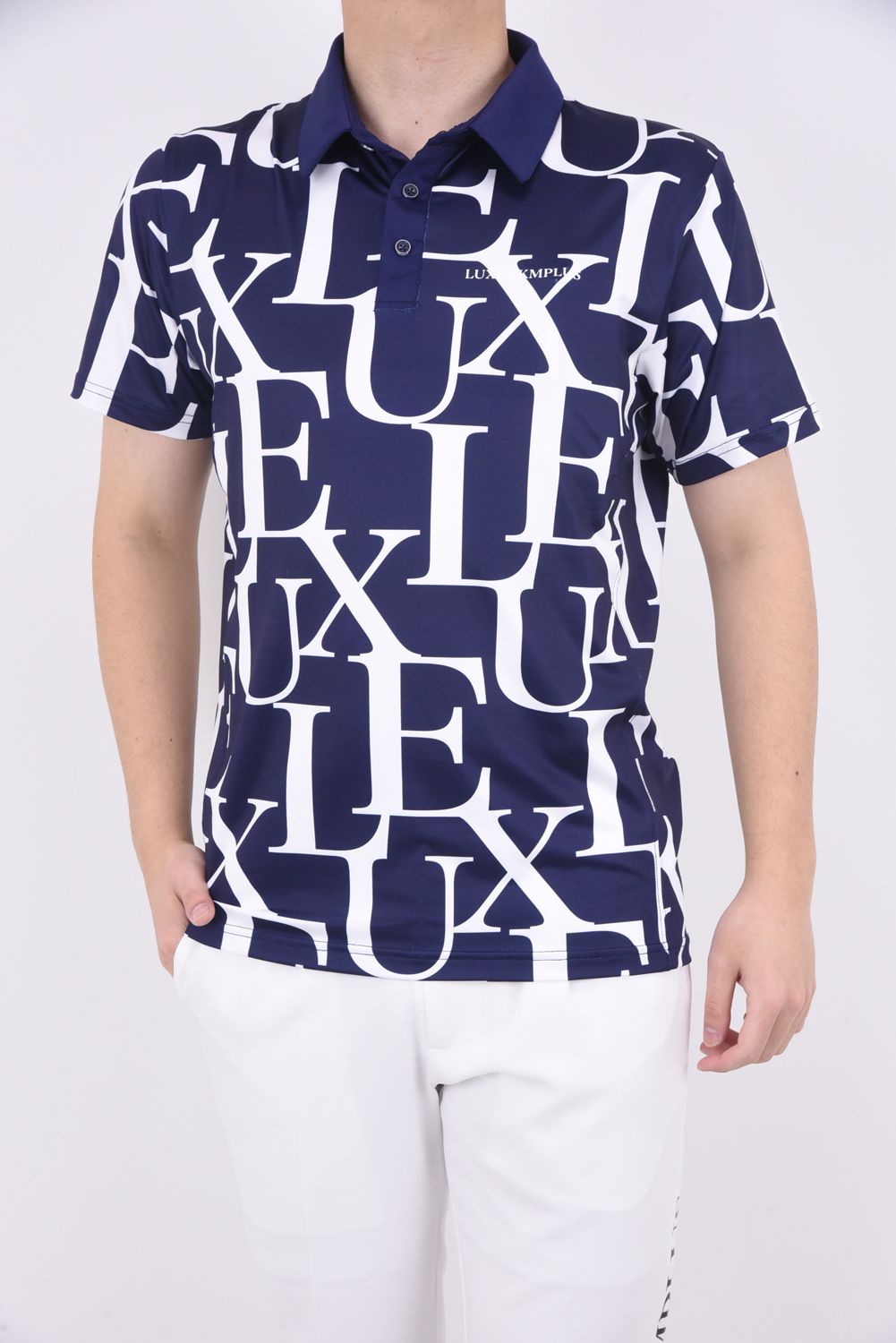 LUXE PATTERN POLO SHIRTS / 総柄ロゴ 半袖ポロシャツ ネイビー