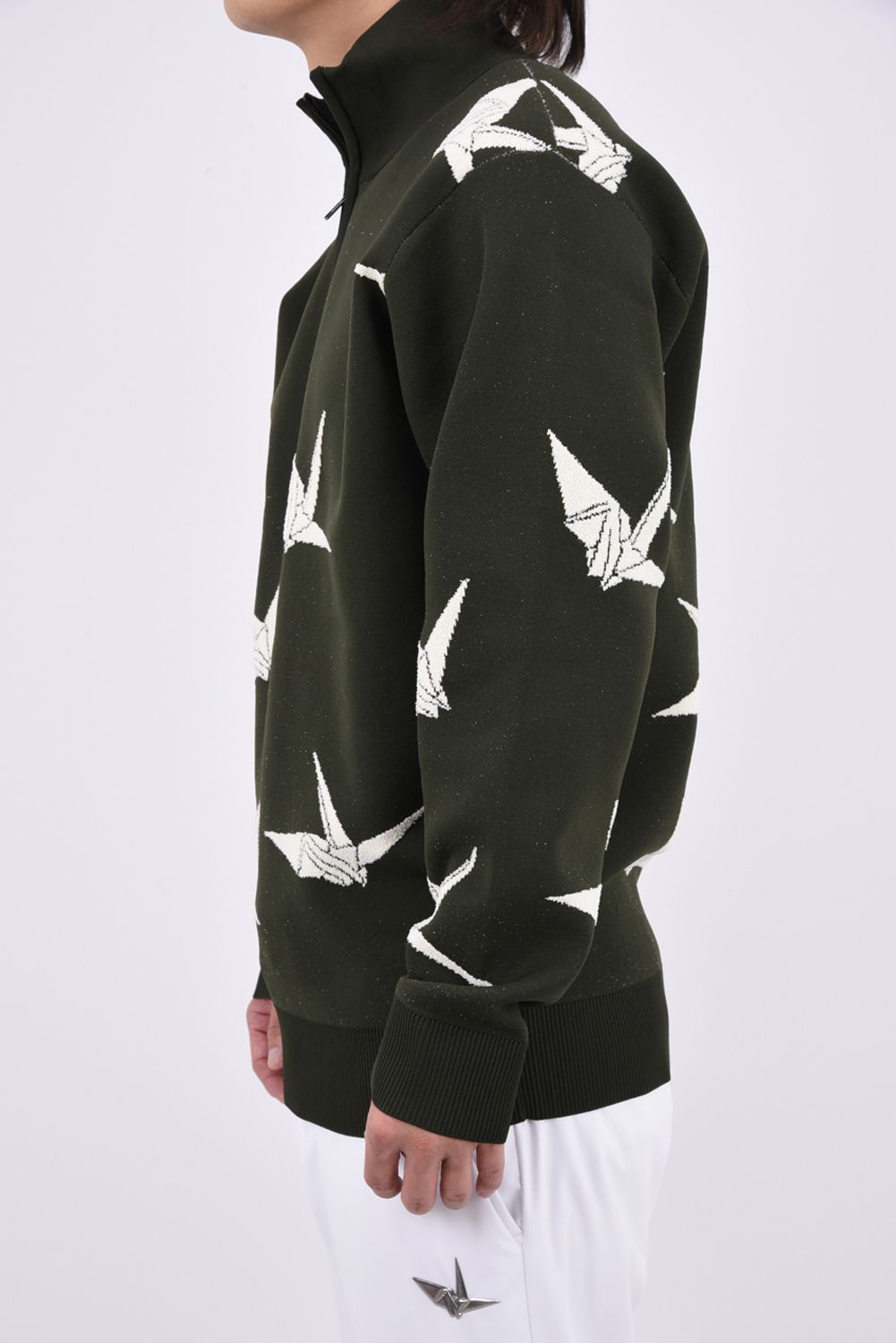 【26AW】 JACQUARD HALF-ZIP KNIT DANCING CRANE / 折鶴ジャガード ハーフジップニット (カーキ)