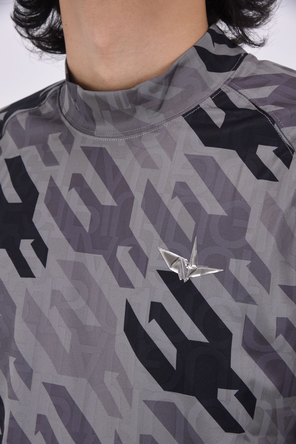 MOCK HOUNDSTOOTH / 千鳥格子柄 ロングスリーブ モックネックTシャツ (ブラック)