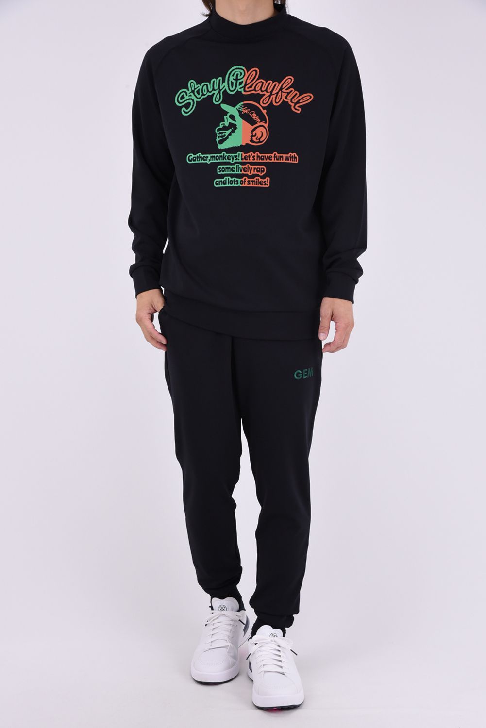 【26AW】 【ユニセックス対応】 JERSEY MOCK NECK / ダンボールニット モンキープリント 長袖モックネックTシャツ (ブラック)