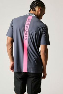 NEON BACK TAPE MOCK / ネオン バック テープラインロゴ 半袖 モックネック Tシャツ (グレー)