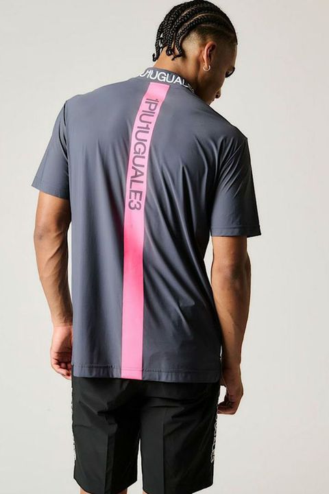 NEON BACK TAPE MOCK / ネオン バック テープラインロゴ 半袖 モックネック Tシャツ (グレー)