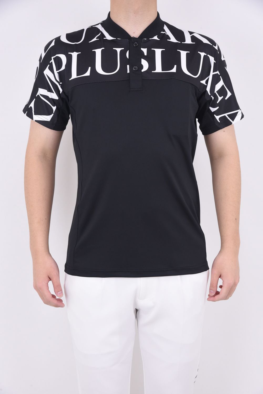 HORIZONTAL PATTERN SHORT COLLAR POLO SHIRTS / ノーカラー 半袖ポロシャツ ブラック