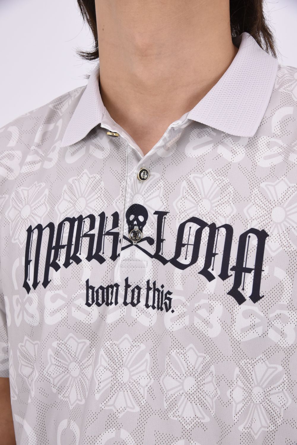 【26AW】 FRACTUR JACQUARD CINCH POLO / メッシュジャカード生地 エレメントスカル総柄 ポロシャツ (グレー)