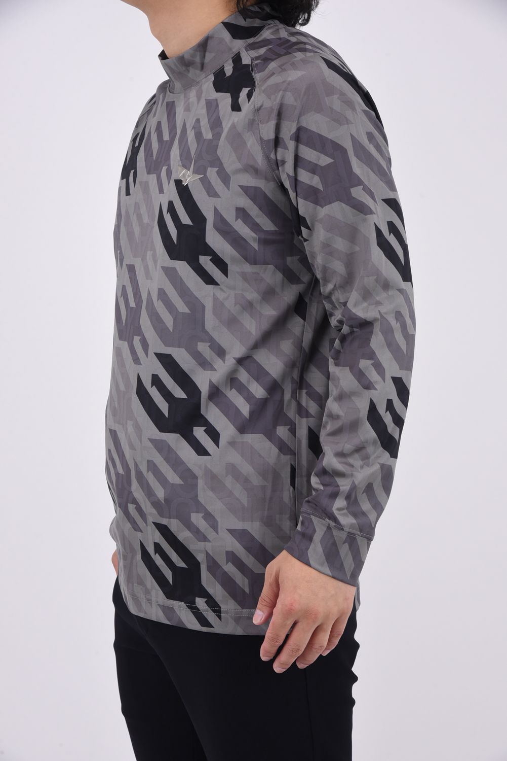 MOCK HOUNDSTOOTH / 千鳥格子柄 ロングスリーブ モックネックTシャツ (ブラック)