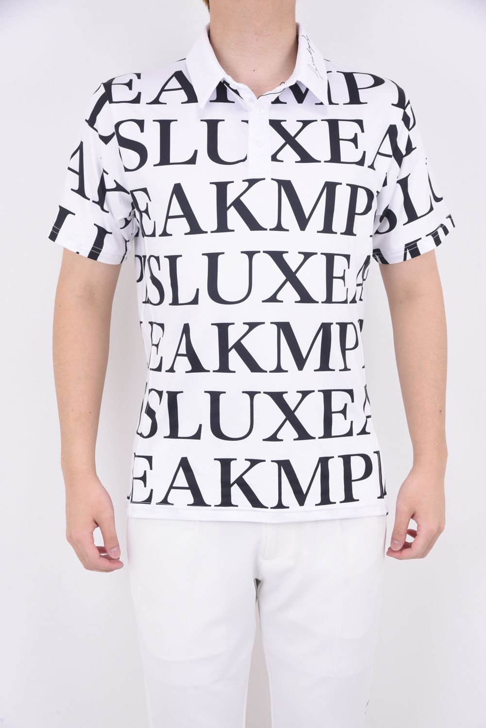 HORIZONTAL PATTERN LOGO POLO SHIRTS / 襟ロゴ 総柄 半袖ポロシャツ ホワイト