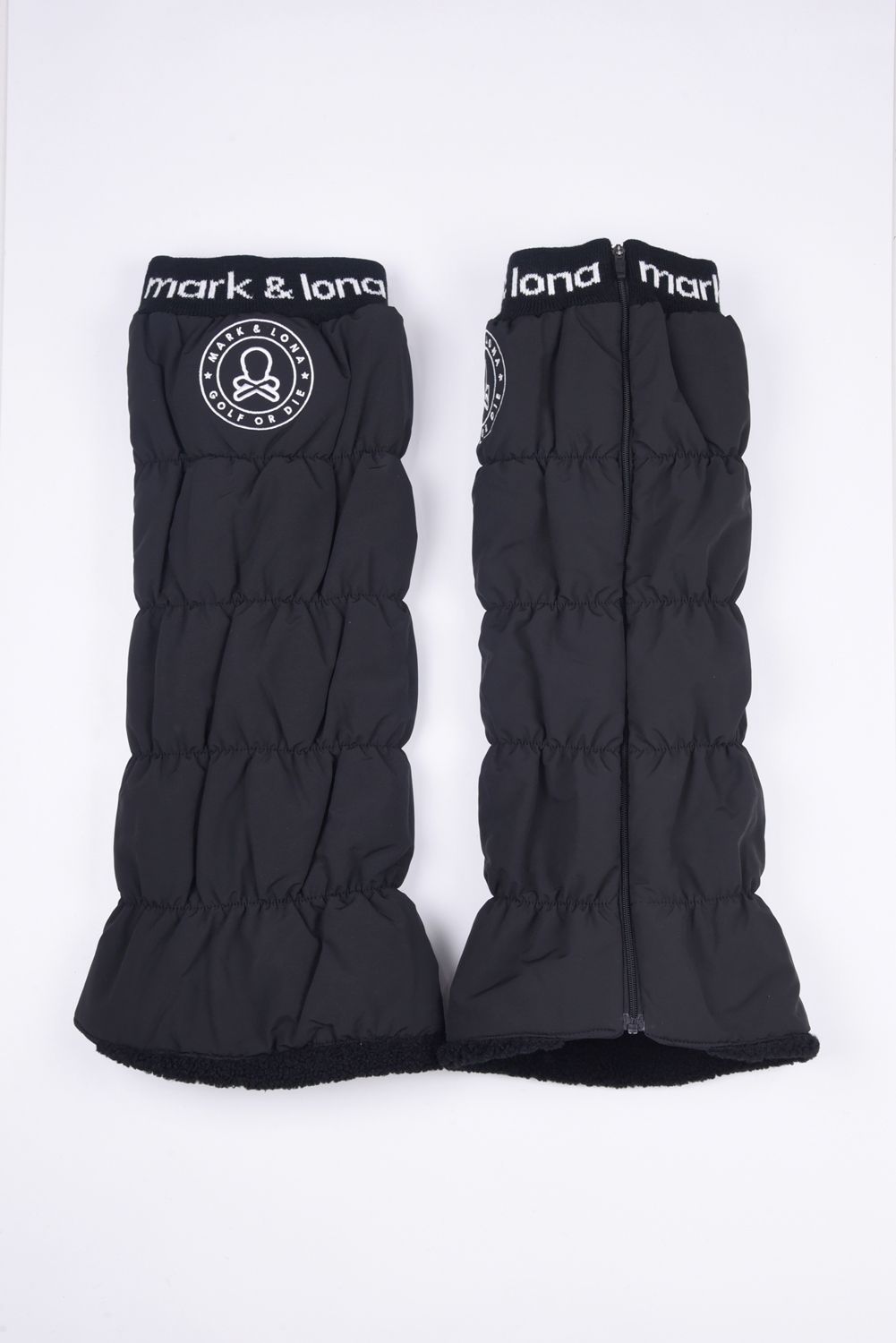 NODE PUFFY ZIP ON LEG WARMERS / サークルスカル刺繍 裏ボア レッグウォーマー (ブラック)