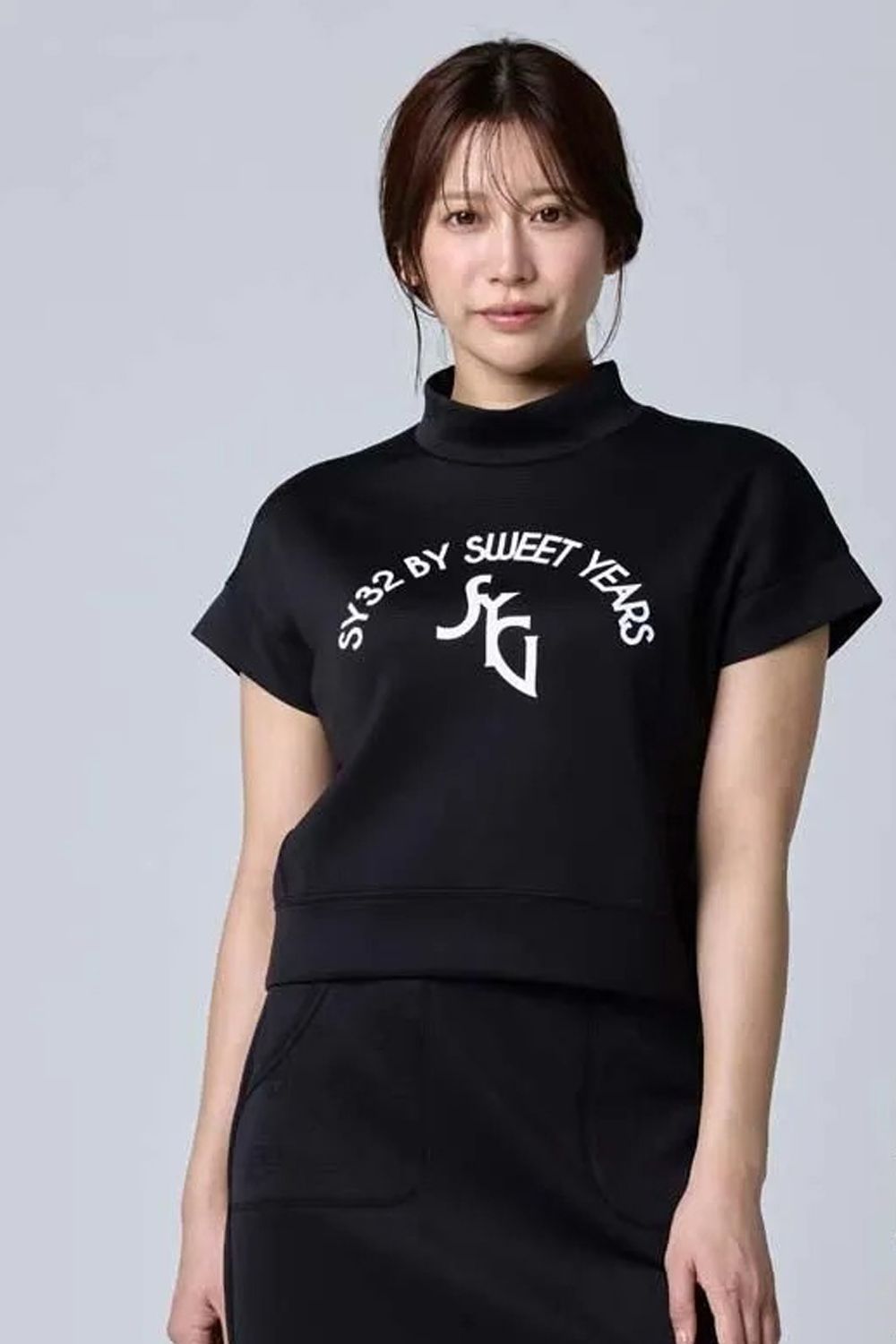 【26AW】【レディース】 DOUBLE MESH KNIT / メッシュジャカード ダンボールニット ロゴプリント モックネックTシャツ (ブラック)*