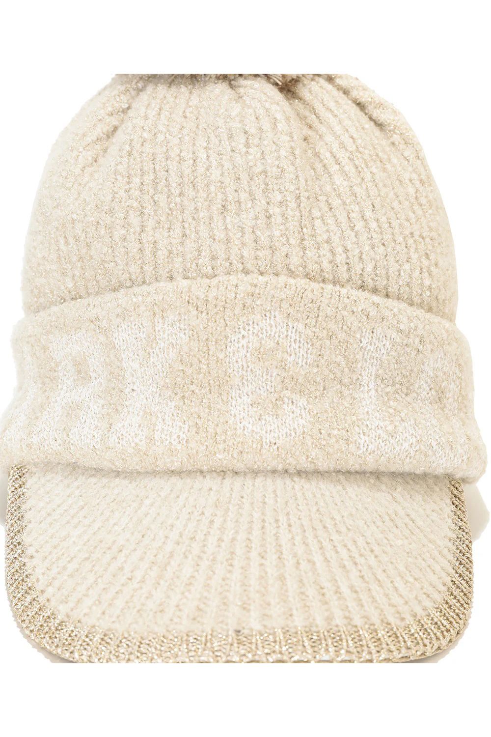 【レディース】 SCOPE POM VISOR BEANIE / ラメ糸 ブランドロゴジャカード 梵天付きニットキャップ (ベージュ)