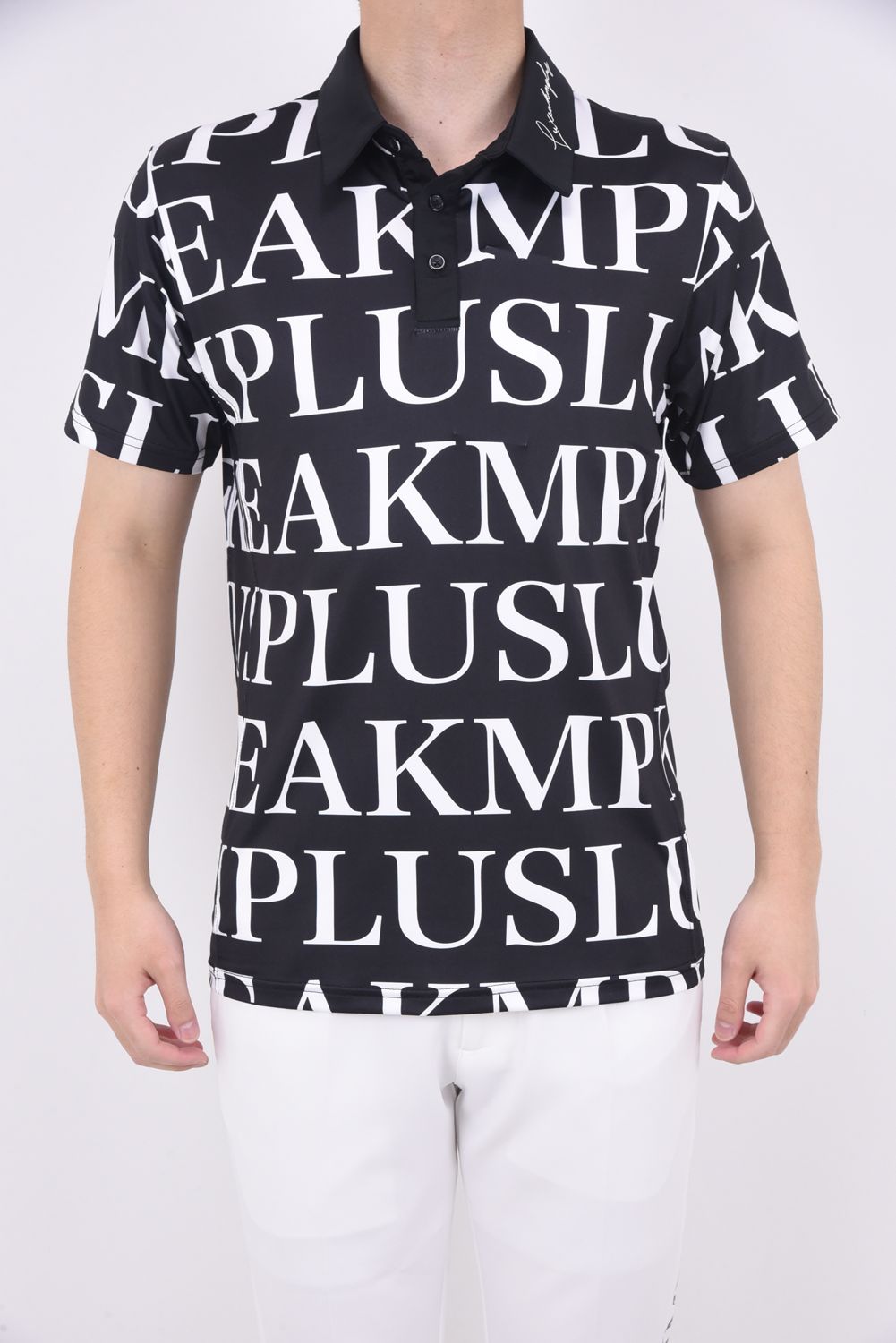 HORIZONTAL PATTERN LOGO POLO SHIRTS / 襟ロゴ 総柄 半袖ポロシャツ (ブラック)