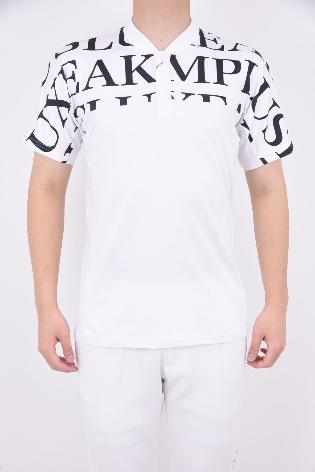 HORIZONTAL PATTERN SHORT COLLAR POLO SHIRTS / ノーカラー 半袖ポロシャツ ホワイト
