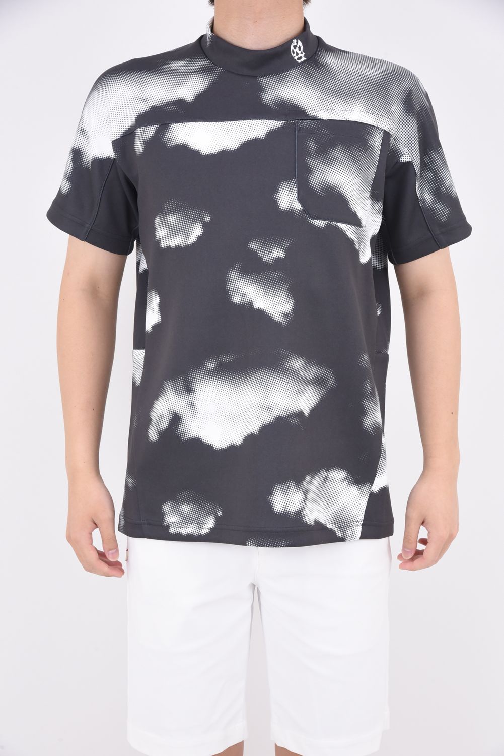 BACK LOGO S/S MOCK NECK SHIRT（CLOUD) / 6ホールアイレットデザイン ハイネック ダブルニット ブラック