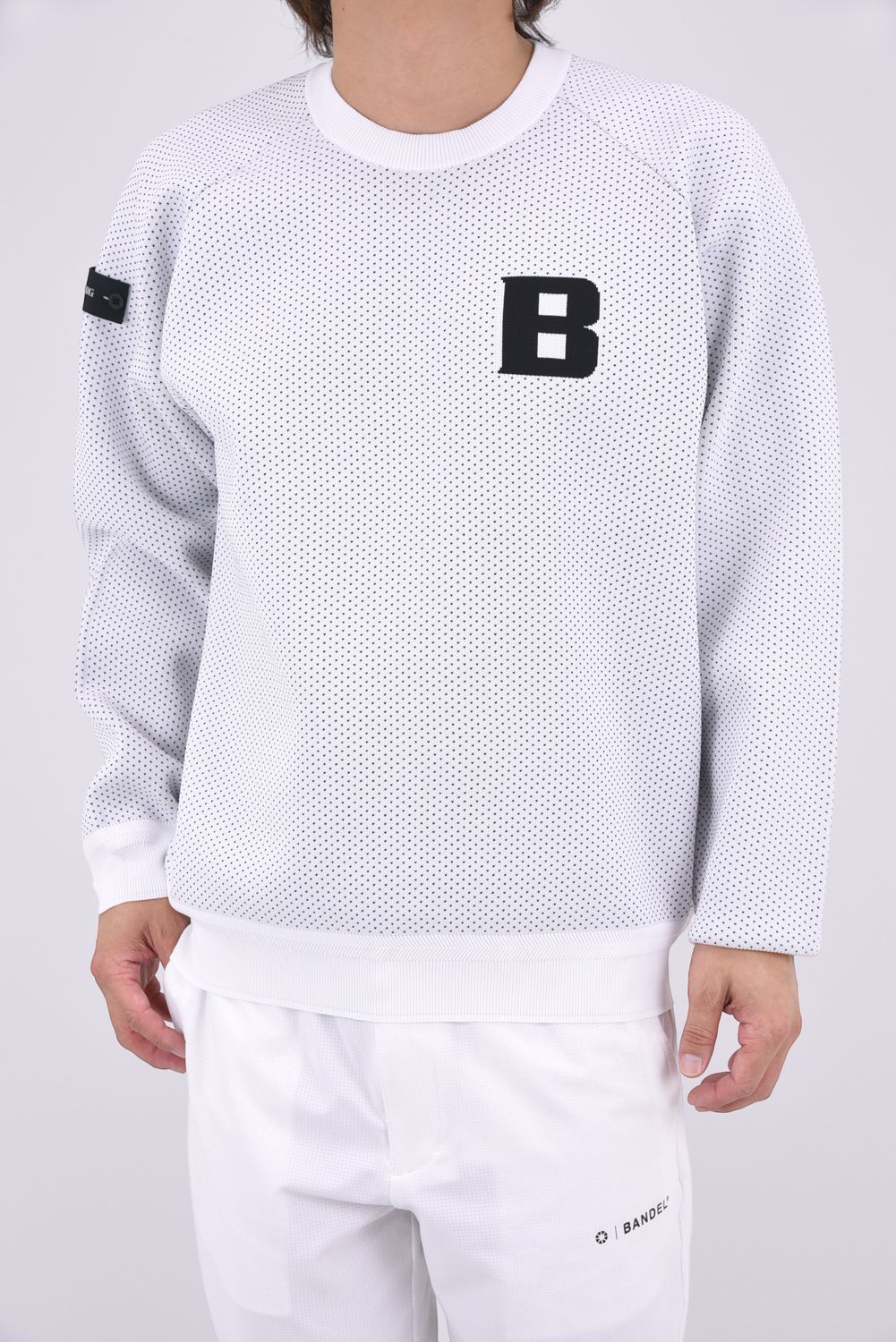 【26AW】 MEN’S BIRDS EYE KNIT CREWNECK / バーズアイパターン ブランドロゴ クルーネックニット (ホワイト)