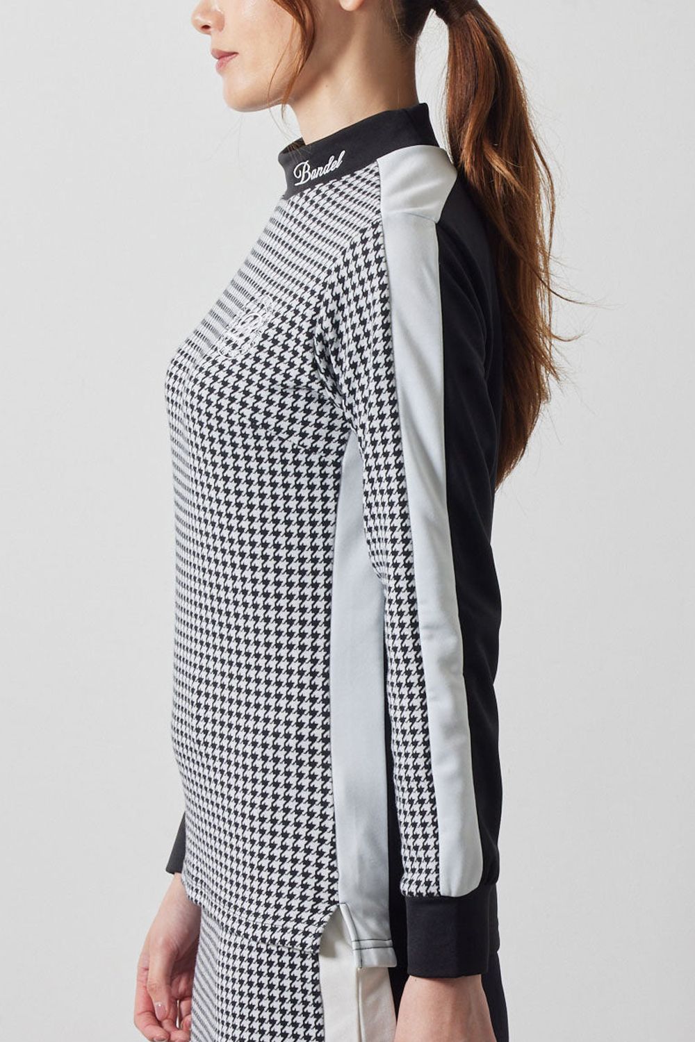 【レディース】 HOUNDSTOOTH BICOLOR L/S MOC SHIRTS / 千鳥格子柄 バイカラー ロングスリーブ モックネックシャツ (ブラック)
