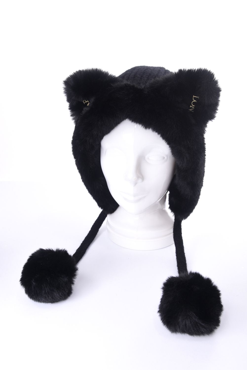 JENNIE FUR KNIT CAP / エコファー梵天 ニット キャップ (ブラック)