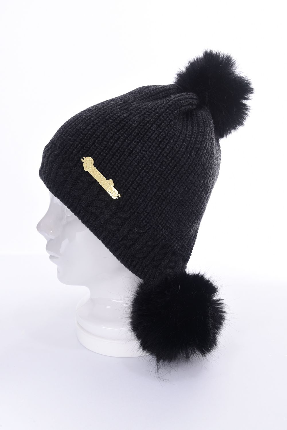 TRIPLE POMPOM KNIT CAP / ブランドロゴ ポンポン ニットキャップ (チャコール)